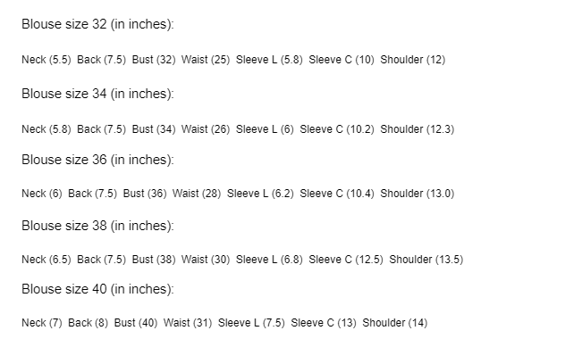 a table with different blouse sizes